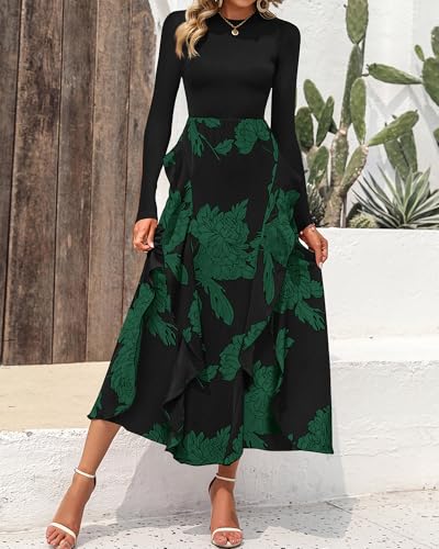 Image of BTFBM Womens Floral Maxi Dress Fall 2025 Casual Crewneck Long Sleeve Ruffle Flowy Cocktail Wedding Guest Dresses