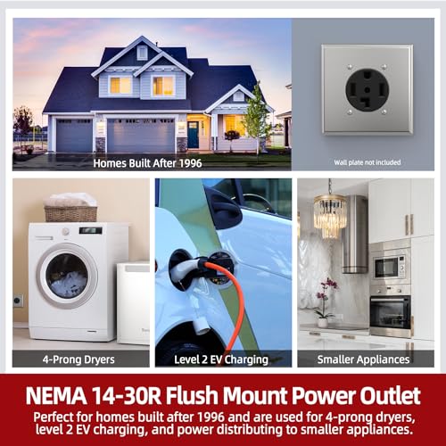 AIDA 30 Amp 3 Pole, 4 Wire 125/250 Volts 14-30R Grounding Heavy Duty Flush Mount Range Outlet Dryer Receptacle, UL Listed, Pack of 1, Black - Thumbnail 6
