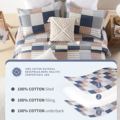 Image of Finlonte Quilt King Size - 100% Cotton King Size Comforter Set Navy Brown White Plaid Farmhouse Quilt Bedding Set, Reversible Lightweight Soft Bedspread, Quilted Coverlet All-Season, 3-Piece