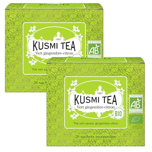 Kusmi Tea - Vert Gingembre Citron Bio - Lot de 2 boîtes - Mélange Biologique de Thé Vert au Gingembre et au Citron - À Déguster Chaud ou en Thé Glacé - 2x20 Sachets de Thé