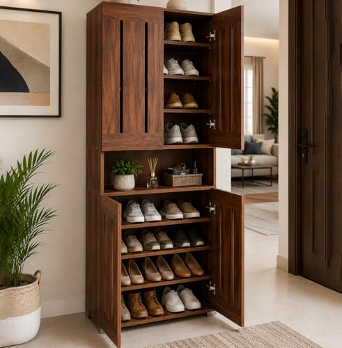 Image of Skyline 6 Feet Wooden 2 Door Shoe Rack Cabinet | 9 Shelf Multipurpose Shoe Organizer for Home & Hallway | Engineered Wood with Airflow Slots | DIY Assembly | Fits Upto 30 Shoes (Light Walnut)