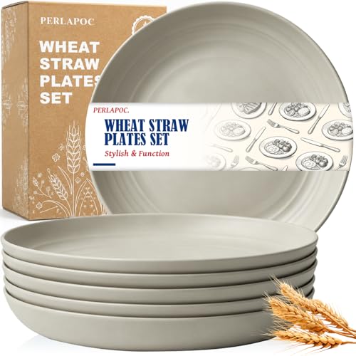Image of Large Wheat Straw Dinner Plates, 11In Unbreakable Plates,LightGrey | Lightweight and Stackable Deep Dinner Plates for Dinner, Deep Edge for Kitchen & Outdoor