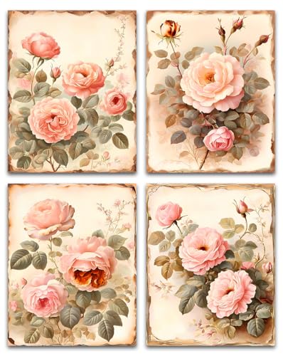 Image of Vintage Flowers Canvas Wall Art Pink Rose Wall Decor,Dark Academia Botanical Wall Art,Retro Floral Valentine Pictures Farmhouses Decor for Home Office Flower Artwork Set of 4 (8''X10''Unframed)