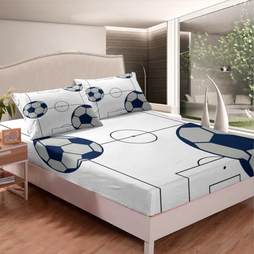 Football Fitted Sheet Twin Size Kids Football Court Bedding Set for Boys Girls Teens Soccer Ball Pattern Bed Sheet Set Breathable Sports Theme Bed Cover Deep Pocket Room Decor