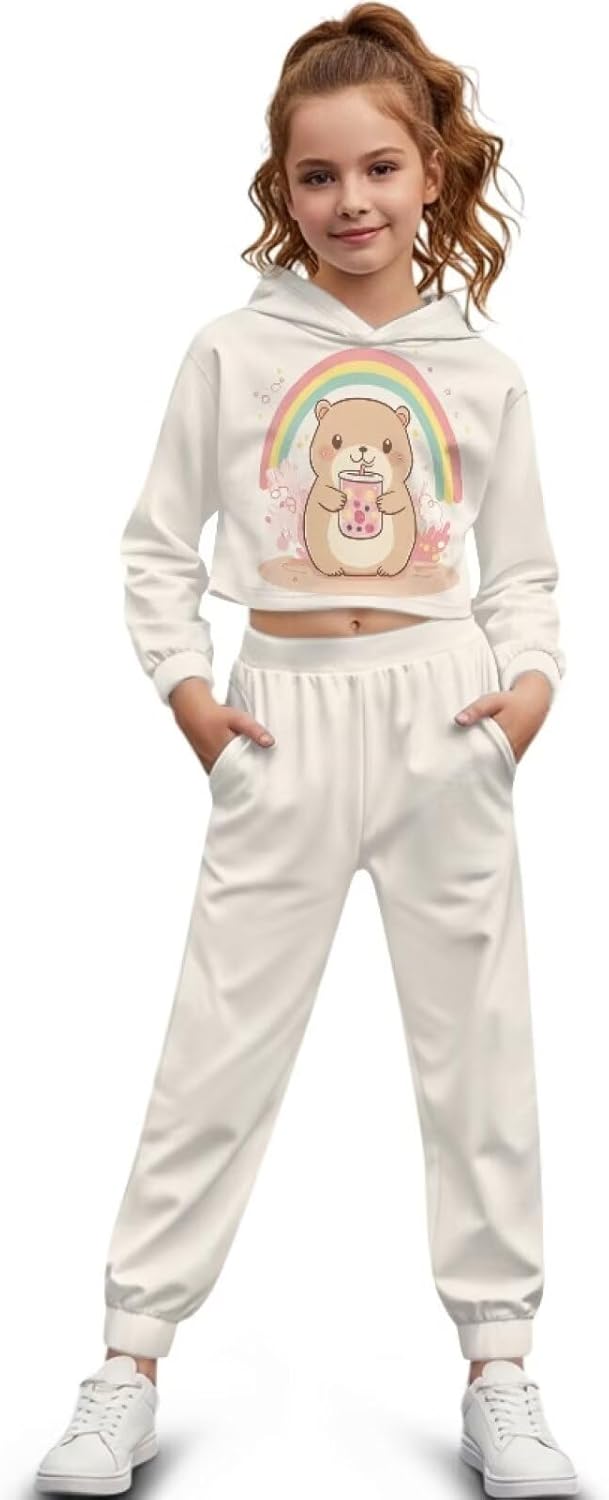 Rnyleeg Crop Tops for Girls Trendy Long Sleeve Sports Set Sweatshirt and Sweatpants Sets Fall Winter Outfits 2 Piece