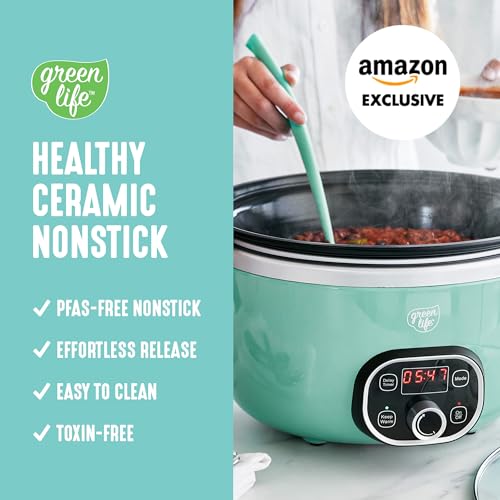 Image of GreenLife 8QT Slow Cooker, Non-Toxic PFAS-Free Ceramic Nonstick Removable Interior Bowl, Programmable, Family Friendly, Keep Warm, Stovetop & Oven Safe, Dishwasher Safe Crock, Glass Lid, Turquoise