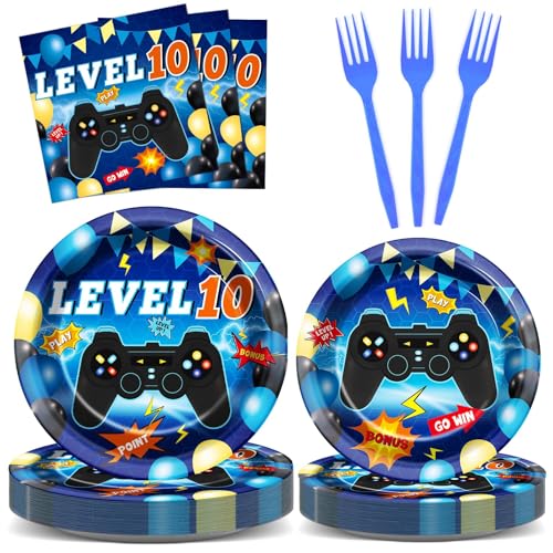 Image of 96Pcs Level 10 Plates and Napkins Sets Level Up 10 Unlocked Birthday Decorations 10th Birthday Plates for Boys Video Game Supplies 10th Blue Gaming Pattern Design Party Favors for 24 Guests