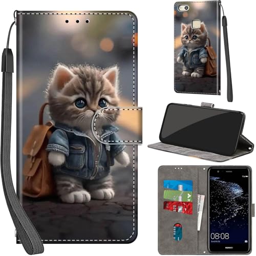 Cover per Huawei P10 Lite Custodia Cover Pelle Libro Portafoglio con Porta Carte Magnetica Protezione Antiurto Cuoio Flip Case Custodia Cover per Huawei P10 Lite, Gatto