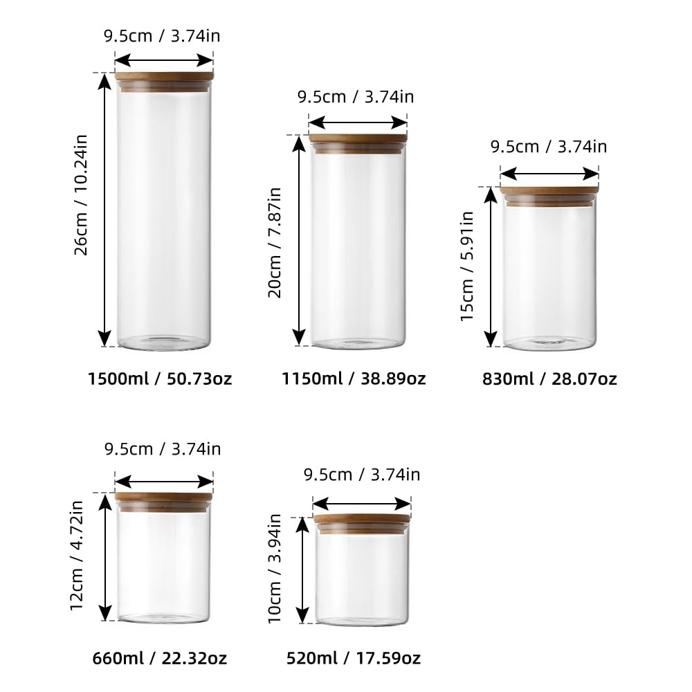 Kavolet 5 Stück Vorratsgläser aus Glas,Vorratsgläser mit Deckel,Vorratsdosen Set mit 24 Etiketten und Markierungsstift,Aufbewahrungsgläser,stapelbar für Süßigkeiten Reis Zucker Mehl Nüsse Gewürzgläser