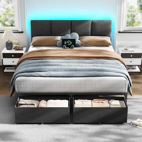Image of Furnulem Queen Bed Frame with Adjustable Headboard, Upholstered Bed with 2 Storage Drawers, Built-in USB Charging Station & LED Lights, Platform Bedframe with Metal Slats, No Spring Box Needed, Grey