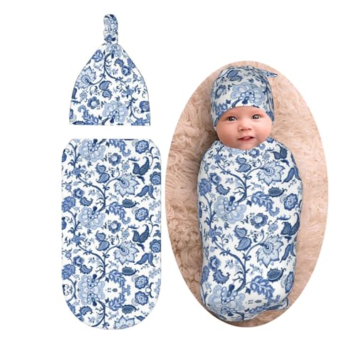 Image of Blue and White Porcelain Floral Vintage Chinoiserie Newborn Swaddle Blankets Baby Stuff Soft Swaddling Blanket with Beanie Sets Gifts for Infant Boys Girls