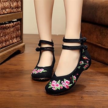 Amazon Zyary Tm 花とカササギ女性刺繍掛け金靴古い北京メアリー ジェーンハイトップソフトソールカジュアルフラット35 40ブラック ベージュダンスシューズ ブラック 9 Zyary 四輪競技