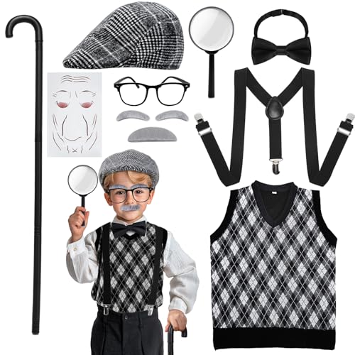 Skirfy Kids 100 Days of School Costume for Boys, Old Man Costume for Kids with Old Man Hat and Grandpa Vest,Cosplay Grandpa Dress Up Accessories(Size 4.92FT)