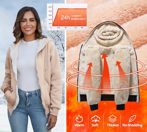 Image of Flygo Womens Casual Winter Warm Sherpa Lined Full Zip Up Hoodie Sweatshirt Jacket