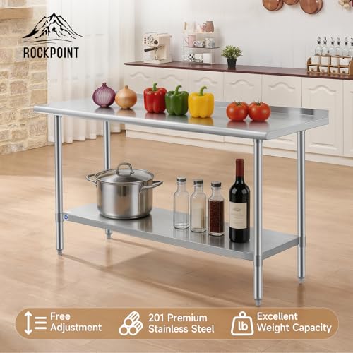 Image of ROCKPOINT All Stainless Steel Perp Table with Backsplash 24x60 Inch, Commercial Heavy Duty Table with Stainless Legs & Adjustable Undershelf, 850 lb Capacity for Restaurant,Home and Outdoor Kitchens
