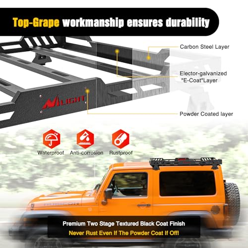 Image of Nilight Roof Rack Cargo Basket with LED Light Bar Compatible with 2007-2026 Wrangler JK JL Unlimited & Gladiator JT 4 Door Hardtop, JKU JLU Luggage Rooftop Storage Carrier