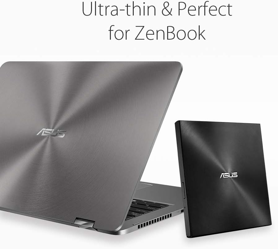 ASUS ZenDrive SDRW-08U9M-U next to a ZenBook laptop, emphasizing its ultra-thin design