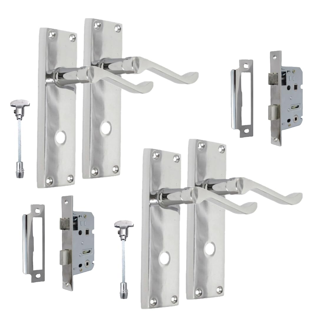 Epsom Door Handle Victorian Style Polished Chrome Bathroom Door Handle Sets – Includes Privacy Turn & 3 Lever Sash Lock – Lever on Backplate 150mm x 42mm – 2 Sets