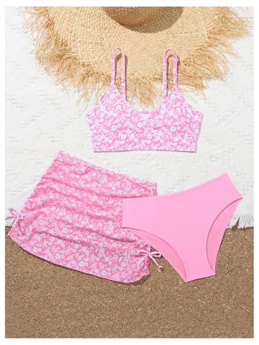 Image of COZYEASE Girls' 3 Piece Set Floral Print Bikini Swimsuit with Drawstring Beach Skirt Cute Ruched Bathing Suit