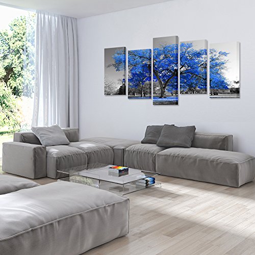 Kreative Arts Canvas Print Wall Art Painting Contemporary Blue Tree In Black And White Style Fall Landscape Picture Modern Giclee Stretched And Framed Artwork (Large Size 60X32Inch) #TOP3