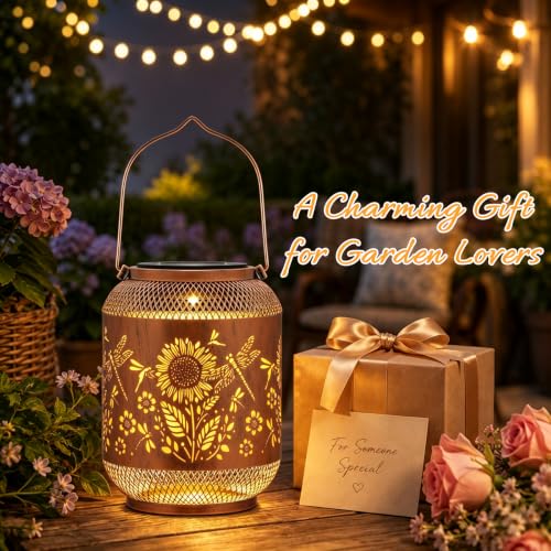 Image of Solar Lantern Outdoor Hanging Solar Garden Light Gifts for Mom Grandma Women,Waterproof Metal Decorative Lantern, Warm White Solar Lights for Patio Yard(Dragonfly )