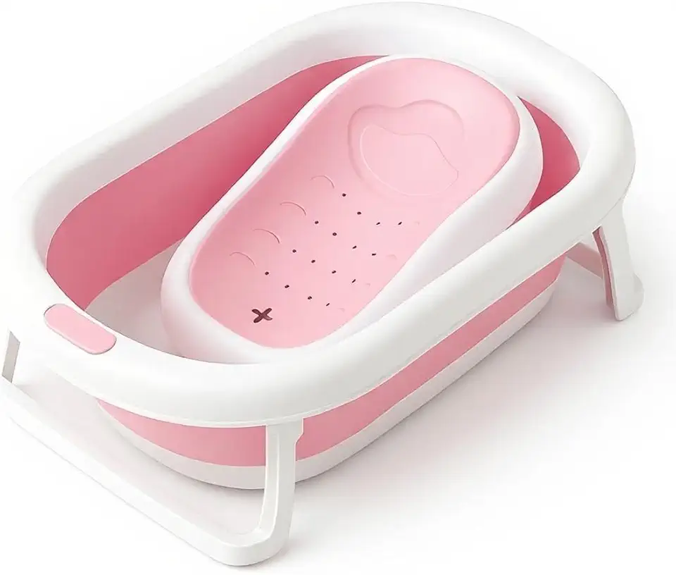 PIPDIP Kit Banheira Dobrável 2 em 1 para Bebê, Capacidade de até 44 Litros, Com Encosto, Portátil, Plástico e Borracha, Branco e Rosa.