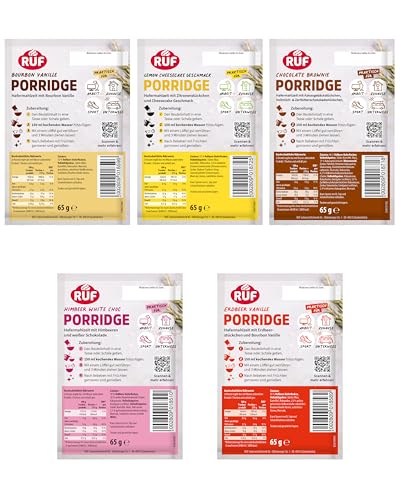 RUF Probier Set Porridge Lieblinge (15 Stück), 3 x 5 verschiedene Sorten Instant Haferbrei für ein schnelles und gesundes Frühstück, 15 x 65g Beutel