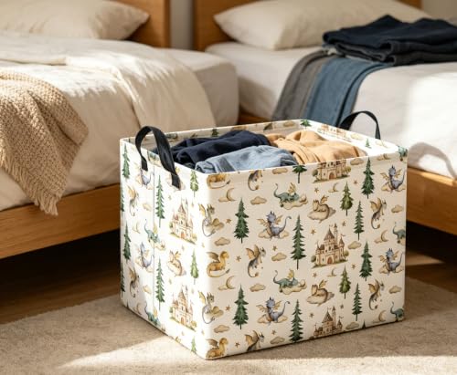 Image of Rectangular Baby Kids Storage Basket for Home Kitchen Girls Cute Toy Storage Bin Organizer Shelf Book Room Decor(Castle Dinosaur)