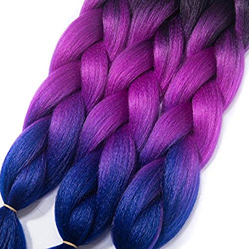 Rn Beauty Synthetic Jumbo Braids Hair Extensions Good Cheap Weave High Temperature Heat Resistant Fiber Ombre Braiding Hair For Afro Twist Crochet Hair 3 Bundles Lot 24 Inch 3 Tone Black/Purple/Blue #TOP2
