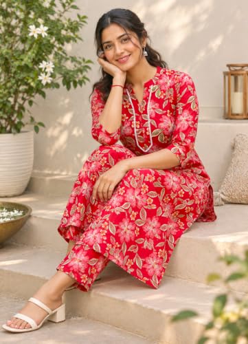 Image of Women's Pure Cotton Printed Kurta Pant Set | Floral Print Kurta with Pants | Ethnic Suit Set | Daily Wear | Co-Ord Set Dress for Women,2 Piece Set