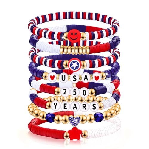lakayfimily 250 Anniversary USA Merchandise 4th of July Outfits for Women Men Teens Red White Blue Clay Beaded Stretch Bracelets USA Patriotic Jewelry 4th of July Accessories