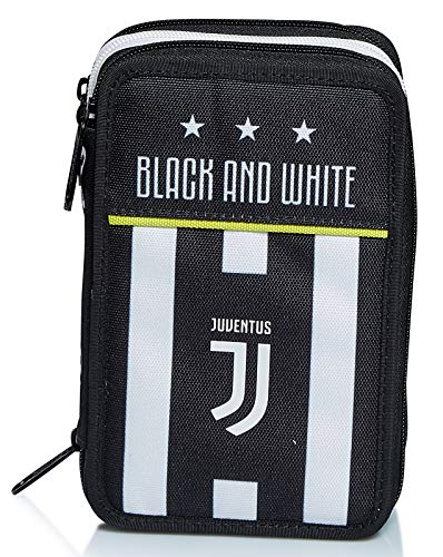 Seven Juventus Federmäppchen, Federtasche für Schreibwaren, Etui komplett mit Bleistiften, Filzstiften, Schulmaterial, mit 3 Fächern, Mädchen, Schule - Grundschule, XXL Fußball schwarz weiß
