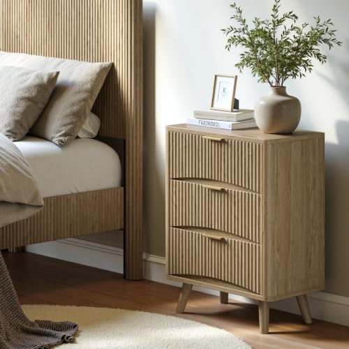Image of Evermagin 29 inch Tall Fluted Nightstand with 3 Drawers | Oak Night Stand,Wooden Bedside Table, Mid Century Modern Side Table for Bedroom, livingroom