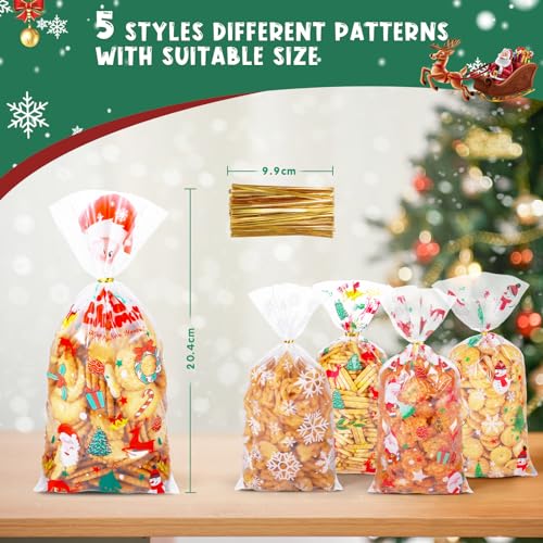 LLNRC Plätzchentüten Weihnachten,125 Stück Kekstüten Geschenktüten Weihnachten,Cellophantüten Süßigkeiten Tüten,Weihnachtstüten zum Befüllen mit Twist Krawatten für Kekse, Schokolade (5 Stilen)