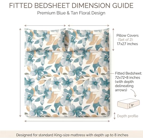 Image of VAS COLLECTIONS Cloud Cotton Corner Elastic Fitted Double Bedsheet Set (78 x 72 + 8 Inches) with 2 Pillow Covers | 160-180 TC Soft Breathable Cotton Fitted Sheet | Bed Sheet (Blue Petal Garden)