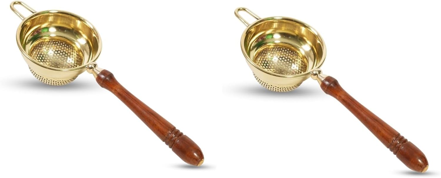 Brass Tea Strainer with Wooden Handle Handcrafted Loose Leaf Steeper Fine Mesh Tea & Coffee Filter Durable Reusable Eco-Friendly Chai Strainer for Kitchen and Gifting Pack of 2