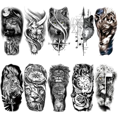 Briyhose Wolf Lion Temporary Tattoos for Men Half Arm Sleeve,