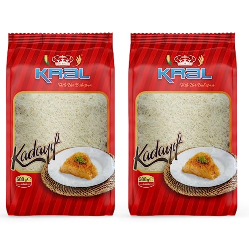 Kral Kataifi Shredded Fillo Dough, Dried Kadayif Pastry Dough, Kataifi, Popular Syrup Sweetened Turkish Desserts, Shredded Phyllo Dough, Kunafa Dough, Loose Kanafeh Pastry 1.1lb (500g), 2 Packs