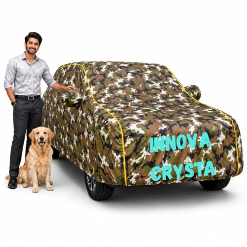 Image of Waterproof Car Cover for Innova Crysta | Soft Cotton Lining Heavy Duty Triple Stitched Heat Resistant Outdoor Cover Comes with Mirror and Antenna Pocket Full Bottom Elastic (Zig Zag Jungle)