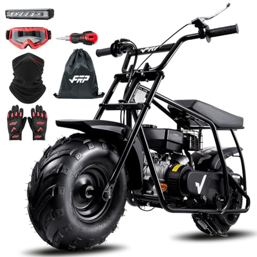 FRP Mini Dirt Bike GMB100 Max 99CC Gas Powered Mini Bike 4-Stroke Mini Bikes for Kids/Adult W/LED Headlight Goggles Gloves and Neck Gaiter Up to 28 Mph Weight Support Up to 220 LBS (BLACK)