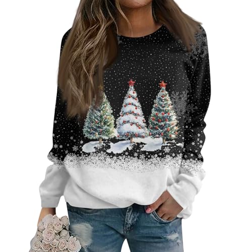 HSUAYEUD Christmas Tops for Women UK Long Sleeve Christmas Jumpers Xmas Tree Snowman Printed Sweatshirt Crew Neck Pullover 3XL Grey