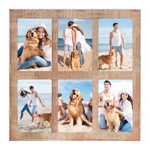 YESKAY 4x6 Picture Frame Collage,4 x 6 Multiple Photo Collage with Tempered Glass,6 Opening 4 by 6 Rustic Brown Family Picture Frames for Wall Decor 1 Pack(OD:13X13in)