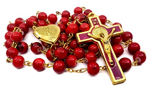 Nazareth Store Red Coral Glass Beads Rosary Catholic Saint Benedict Prayer Beaded Necklace with Miraculous Heart Shaped Locket Medal & Jesus Cross4