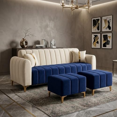 Image of FURNY Harmony 5 Seater L Shape Sofa Set with 2 Movable Ottoman & Golden Legs | Flexible Left or Right Layout | Plush Velvet Fabric (Dark Blue-Cream) | Perfect for Living Room, Guest Room & Office