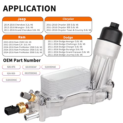 Aluminum Engine Oil Cooler And Oil Filter Housing Adapter Gaskets Sensor Fit For 2011-2016 Chrysler 200 300, Dodge Charger, Grand Cherokee, Promaster 3.6L V6 | 5184304Ae, 926-959, 68105583Af, 926-876 #TOP1