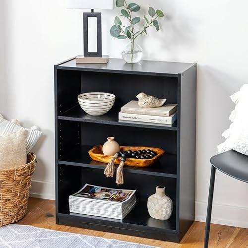 CNEIESD 3-Shelf Bookcase with Open Storage, Modern Floor Standing Book Shelf Organizer for Books, Decor and Plants, Freestanding Wood Bookshelf for Living Room, Bedroom, or Home Office(Black) (Black)