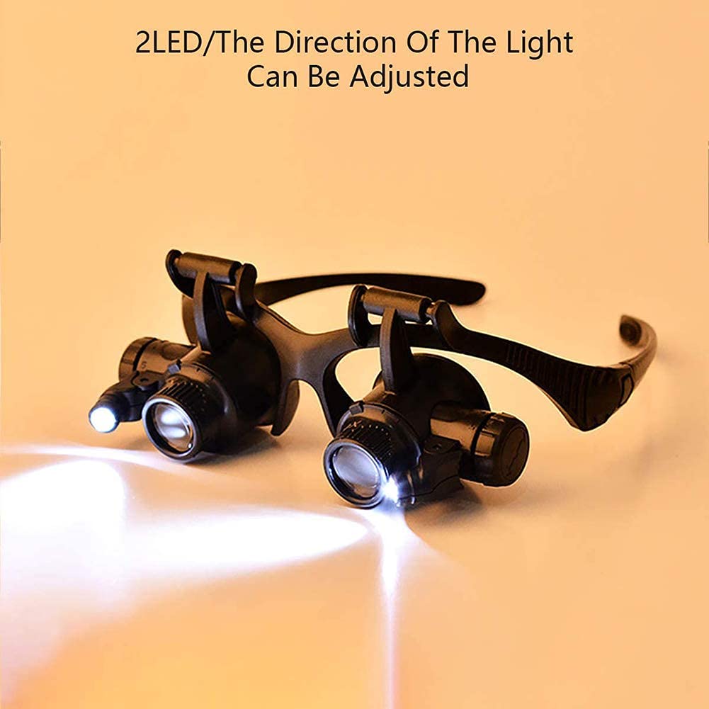 Lupas, lupas binoculares para diadema, lupa de joyería, lupa de montaje en la cabeza, con 2 luces LED, lupa de 10 x 15 x 20 x 25 x para reloj, reparación electrónica