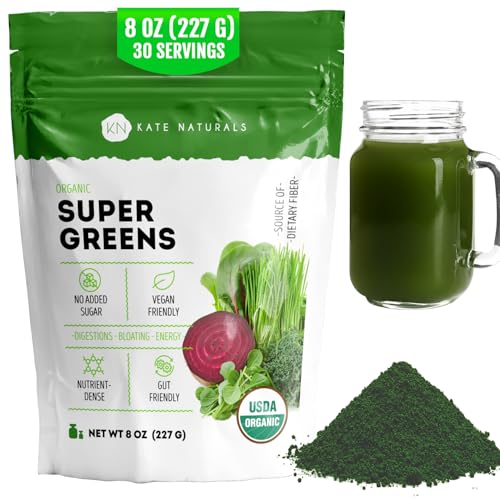 Kate Naturals Organic Super Greens Powder. Daily Greens Superfood Blend with Probiotics & Fiber for Smoothies and Juice (30 Servings, 8oz, Natural)