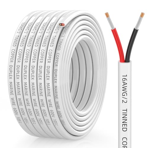 CONEPY 16 Gauge Marine Wire 16/2 Duplex Marine Grade Cable IP68 Waterproof/Oxygen-Free Tinned Copper Stranded PVC 16 AWG Wire for Boat Automotive RV Solar LED Strips (30FT)