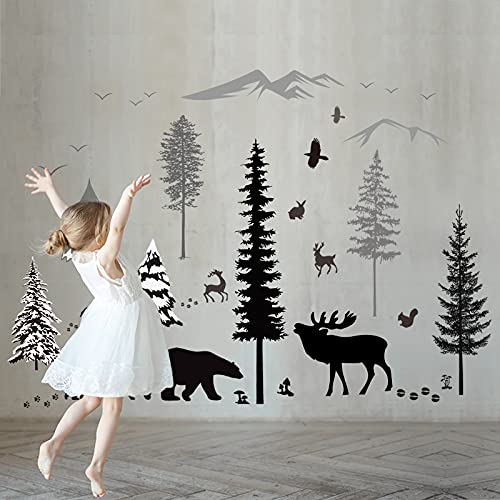 Woodland Nursery Decor Tree Wall Decals Mountain Forest Animal Bear Deer Wall Stickers Forest Wall Mural Sticker Removable Wall Decals For Kids' Room Bedroom Nursery Living Room #TOP2